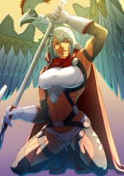 Rule 34 | 1girl, absurdres, aduti momoyama, aqua hair, arm up, armpits, bird, breasts, cape, dagr (fire emblem), fire emblem, fire emblem heroes, full body, gloves, gradient background, grey footwear, headpiece, highres, holding, holding weapon, kneeling, large breasts, micro shorts, muscular, muscular female, navel, nintendo, red cape, sandals, short hair, shorts, toenails, weapon, white eyes, white gloves, white shorts