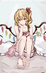 Rule 34 | 1girl, absurdres, alternate costume, ankle scrunchie, bare shoulders, barefoot, blonde hair, bloomers, bow, collarbone, crystal, flandre scarlet, frills, full body, hair ornament, hand on own knee, head on hand, head rest, highres, looking at viewer, multicolored wings, nail polish, nightgown, one side up, orchid (orukido), pillow, pink nails, pink nightgown, pink scrunchie, red bow, red eyes, red scrunchie, scrunchie, sitting, sketch, sleeveless, smile, solo, touhou, underwear, white bloomers, wings