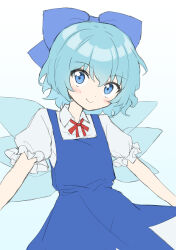 Rule 34 | 144udy, 1girl, absurdres, aqua hair, blue bow, blue dress, blue eyes, blush, bow, cirno, collared shirt, dress, flat chest, hair bow, highres, ice, ice wings, looking at viewer, neck ribbon, pinafore dress, puffy short sleeves, puffy sleeves, red ribbon, ribbon, shirt, short dress, short hair, short sleeves, simple background, sleeveless, sleeveless dress, smile, solo, touhou, two-tone dress, upper body, white background, white shirt, wings