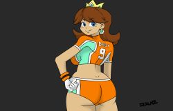 Rule 34 | 1girl, ass, blue eyes, breasts, brown hair, hand on own hip, huge ass, large breasts, legs, looking at viewer, looking back, mario (series), midriff, nintendo, princess, princess daisy, short hair, shorts, sideboob, smile, soccer uniform, sportswear, super mario strikers, thick thighs, thighs