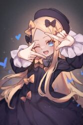 Rule 34 | 1girl, abigail williams (fate), black bow, black dress, black hat, blonde hair, blue eyes, bow, breasts, commentary, dress, english commentary, fate/grand order, fate (series), forehead, hair bow, hat, highres, long hair, long sleeves, looking at viewer, miya (miyaruta), one eye closed, open mouth, orange bow, parted bangs, ribbed dress, small breasts, smile, solo