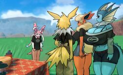 Rule 34 | 4girls, back, bare shoulders, belt, black?bra, black sclera, blonde hair, blue sclera, blue skin, breasts, brown?belt, cleavage, clothes lift, cloud, colored sclera, colored skin, creatures (company), curvy, day, female focus, flareon, furry, furry female, game freak, gen 1 pokemon, gen 6 pokemon, gipehtyboo, grass, highres, huge breasts, jolteon, large breasts, looking at another, looking down, midriff, miniskirt, mountain, multiple girls, navel, nintendo, orange skin, outdoors, panties, pants, picnic basket, pokemon, skirt, skirt lift, sky, standing, sylveon, tail, tail raised, thick thighs, thighs, underwear, vaporeon, white eyes, white skin, wide hips, yellow skin