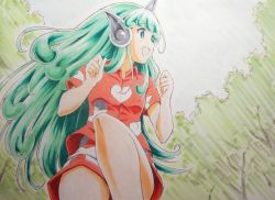 Rule 34 | aqua hair, beluo77, breasts, buttons, cloud print, colored pencil (medium), commentary request, curly hair, fang, graphite (medium), green eyes, happy, heart, horns, kariyushi shirt, komainu, komano aunn, long hair, open mouth, outdoors, paw pose, red shirt, shirt, shorts, single horn, small breasts, squatting, touhou, traditional media, white shorts