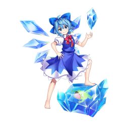 Rule 34 | 1girl, barefoot, blue bow, blue dress, blue eyes, blue hair, bow, bowtie, cirno, closed mouth, detached wings, dress, frozen frog, full body, game cg, hair bow, highres, ice, ice wings, looking at viewer, red bow, red bowtie, rotte (1109), shirt, short hair, short sleeves, simple background, smile, solo, third-party source, touhou, touhou lostword, white background, white shirt, wings