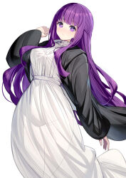 Rule 34 | 1girl, black coat, blunt bangs, blush, breasts, closed mouth, coat, commentary request, dress, fern (sousou no frieren), hand up, highres, large breasts, long hair, long sleeves, looking at viewer, open clothes, open coat, purple eyes, purple hair, ririko (zhuoyandesailaer), sidelocks, simple background, solo, sousou no frieren, very long hair, white background, white dress