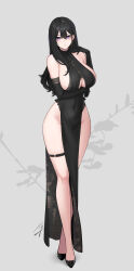 Rule 34 | 1girl, arm under breasts, bare shoulders, black footwear, black gloves, black hair, breasts, classy-black-haired girl (hayabusa), clothing cutout, commentary, covered navel, earrings, elbow gloves, floral print, full body, gloves, grey background, hand up, hayabusa, highres, jewelry, large breasts, long hair, long legs, looking at viewer, mole, mole on breast, mole under eye, mole under mouth, original, parted lips, pelvic curtain, purple eyes, sideboob, signature, solo, standing, symbol-only commentary, thigh strap, thighs, underboob cutout