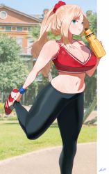Rule 34 | 1girl, :3, bare shoulders, blonde hair, blue eyes, blurry, blurry background, blush, bottle, bra, breasts, cleavage, collarbone, curvy, feet out of frame, forehead, highres, huge breasts, leg lift, long hair, looking at viewer, low neckline, miami-chan (ryusei hashida), midriff, navel, nose, original, outdoors, outside border, pants, red bra, ryusei hashida, sidelocks, sideways glance, signature, smile, solo, sports bra, standing, stretching, swept bangs, thighs, tight clothes, tight pants, underwear, water bottle, wet, yoga pants