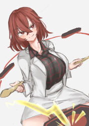 Rule 34 | 1girl, absurdres, breasts, closed mouth, commentary request, crossed bangs, drumsticks, foreshortening, from above, grey background, hair between eyes, highres, holding, holding drumsticks, horikawa raiko, huge breasts, jacket, kuraki, looking at viewer, medium hair, red eyes, red hair, simple background, sitting, skirt, skirt set, smile, solo, spread legs, touhou, white jacket, white skirt, wing collar