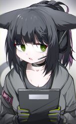 Rule 34 | 1girl, animal ears, arknights, bags under eyes, black choker, black gloves, black hair, black shirt, blurry, blurry background, breasts, cat ears, cat girl, cat tail, choker, cleavage, collarbone, depth of field, ear protection, gloves, gradient background, green eyes, grey background, grey jacket, headset, highres, holding, jacket, jessica (arknights), long hair, multicolored hair, open clothes, open jacket, parted lips, ponytail, purple hair, shirt, small breasts, solo, spam (spamham4506), streaked hair, sweat, tail, upper body, white background