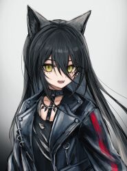Rule 34 | 1girl, 3 (sanyako1), animal ears, arknights, black choker, black hair, black jacket, black shirt, cat ears, cat girl, choker, dagda (arknights), earrings, fangs, goth fashion, hair between eyes, highres, jacket, jewelry, long hair, looking at viewer, necklace, open clothes, open jacket, scratches, shirt, slit pupils, solo, torn clothes, torn shirt, upper body, very long hair, yellow eyes