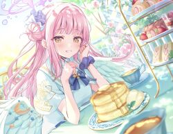 Rule 34 | 1girl, absurdres, angel wings, blue archive, blue bow, blush, bow, butter, cake, capelet, commentary request, cup, day, dress, feathered wings, flower, food, fork, fruit, hair bun, hair flower, hair ornament, halo, highres, holding, holding fork, honey, long hair, looking at viewer, low wings, mika (blue archive), mikeneko mari, outdoors, pancake, pancake stack, pastry, pink flower, pink hair, pink rose, plate, rose, scrunchie, single side bun, sitting, smile, solo, strawberry, strawberry shortcake, strawberry swiss roll, sunlight, swiss roll, table, tea, teacup, upper body, white capelet, white dress, white wings, wing ornament, wings, wrist scrunchie, yellow eyes