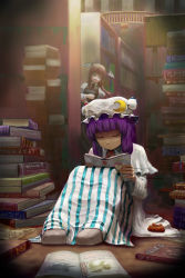 Rule 34 | 2girls, absurdres, bat wings, book, bookshelf, crescent, crescent moon, death note (object), english text, engrish text, closed eyes, female focus, hat, head wings, highres, koakuma, library, long hair, moon, multiple girls, necktie, patchouli knowledge, purple hair, ranguage, red eyes, red hair, sitting, sleeping, embodiment of scarlet devil, touhou, tsukikase, voile, wings