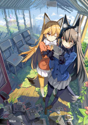 Rule 34 | 10s, 2girls, absurdres, animal ears, black bow, black bowtie, black gloves, black pantyhose, blonde hair, blue jacket, blue sky, blush, bow, bowtie, brown footwear, buttons, chair, cloud, controller, crossed arms, day, ezo red fox (kemono friends), fox ears, fox tail, from above, full body, fur trim, game boy, game boy (original), game console, game controller, gloves, hair between eyes, handheld game console, highres, ivy, jacket, kemono friends, long hair, long sleeves, multiple girls, nintendo 3ds, nintendo switch, orange jacket, overgrown, pantyhose, playing games, playstation vita, pleated skirt, qihai lunpo, ruins, sandstar, scenery, shoes, sign, silver fox (kemono friends), silver hair, skirt, sky, sweatdrop, tail, video game, white bow, white bowtie, wii u, xbox, yellow legwear