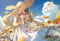 Rule 34 | 1girl, bare shoulders, blonde hair, breasts, closed mouth, cloud, dress, earrings, flower, granblue fantasy, green eyes, hair over one eye, hat, holding, holding flower, holding mask, jewelry, long hair, mask, medium breasts, minaba hideo, official art, outdoors, petals, predator (granblue fantasy), sky, smile, solo, straw hat, sunflower, very long hair, white dress