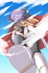 Rule 34 | 1boy, arms up, astolfo (fate), black thighhighs, bulge, cape, fate/grand order, fate (series), from below, garter straps, giant, giant male, highres, male focus, niwaka potato, pink eyes, pink hair, solo, sword, thighhighs, trap, weapon