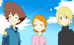 1girl 2boys cloud digimon ishida_yamato multiple_boys orange_hair short_hair smile takenouchi_sora yagami_taichi