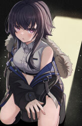 Rule 34 | 1girl, absurdres, anku, bare shoulders, black hair, black jacket, blush, breasts, collared shirt, commentary, crack of light, cropped shirt, fur-trimmed jacket, fur trim, highres, ichinose uruha, jacket, kneeling, long hair, long sleeves, looking at viewer, medium breasts, open mouth, purple eyes, shirt, sidelocks, solo, symbol-only commentary, virtual youtuber, vspo!, white shirt