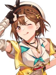 Rule 34 | 1girl, :p, atelier (series), atelier ryza, atelier ryza 2, blush, breasts, brown eyes, brown hair, gloves, highres, jacket, kamu (kamuuei), key, key necklace, large breasts, leather, leather gloves, looking at viewer, necklace, partially fingerless gloves, red shorts, reisalin stout, shorts, single sidelock, smile, solo, tongue, tongue out, yellow jacket