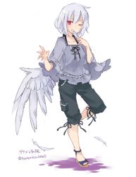 Rule 34 | 1girl, alternate costume, black pants, black ribbon, blouse, blue shirt, collarbone, contemporary, feathered wings, feathers, full body, highres, kishin sagume, looking at viewer, nail polish, one eye closed, pants, red eyes, ribbon, sandals, shirt, simple background, single wing, solo, standing, standing on one leg, touhou, toutenkou, white background, white hair, white wings, wings