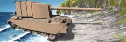 Rule 34 | absurdres, artist request, beach, caterpillar tracks, cliff, commentary request, day, fv4005 centaur, grass, highres, military, military vehicle, motor vehicle, no humans, ocean, sky, tank, vehicle focus, wargaming japan, water, world of tanks