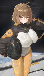 1girl absurdres ahoge anis_(nikke) black_gloves blush breasts brown_eyes brown_hair closed_mouth commentary fingerless_gloves gloves goddess_of_victory:_nikke hair_ornament hand_in_own_hair helmet highres holding holding_helmet jundu large_breasts long_sleeves looking_at_viewer reflection short_hair smile solo space_helmet spacesuit