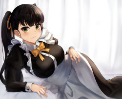 Rule 34 | 1girl, :3, angdo (kakajo26), apron, black dress, black hair, blush, bow, breasts, commentary request, dress, green eyes, highres, large breasts, long sleeves, looking at viewer, lying, maid, maid apron, mole, mole under eye, on side, orange neckwear, orange ribbon, original, ribbon, smile, solo, twintails
