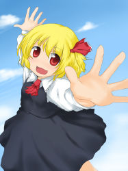 Rule 34 | 1girl, ascot, bad id, bad pixiv id, beegle, blonde hair, blush, embodiment of scarlet devil, female focus, hair ribbon, highres, open mouth, outstretched arms, red eyes, ribbon, rumia, short hair, solo, spread arms, touhou