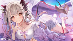 Rule 34 | 1girl, bare legs, bed, blush, breasts, copyright notice, demon tail, hair ornament, honey strap, jewelry, karory, long hair, looking at viewer, lying, nanashi inc., necklace, on stomach, red eyes, skirt, smile, suou patra, tail, virtual youtuber