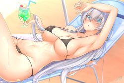 Rule 34 | 1girl, anastasia (fate), arm up, armpits, bare shoulders, bikini, black bikini, blue eyes, blush, breasts, cocktail, fate/grand order, fate (series), hair between eyes, hair ornament, hot, large breasts, long hair, looking at viewer, micro bikini, navel, open mouth, signature, silver hair, simple background, solo, summer, sweat, sweatdrop, swimsuit, thighhighs, tokito yu