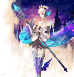 Rule 34 | 1girl, amatari sukuzakki, armor, armored dress, bare shoulders, choker, crown, dress, gwendolyn (odin sphere), highres, leg wings, low wings, multicolored wings, odin sphere, polearm, pteruges, purple eyes, solo, spear, strapless, strapless dress, thighhighs, weapon, white hair, wings