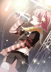 Rule 34 | 1girl, antenna hair, black shirt, black shorts, blue eyes, blurry, blurry background, closed eyes, commentary, cowboy shot, cropped shirt, dutch angle, english commentary, from side, glint, hair ornament, hand up, highres, holding, holding microphone, kira kira, long sleeves, microphone, music, pink hair, shiino kirari, shirt, short hair, short sleeves, shorts, singing, solo, spotlight, stage, standing, star (symbol), star hair ornament, striped sleeves, takepoison