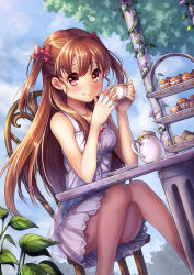 Rule 34 | 1girl, blush, bow, breasts, brown hair, chair, closed mouth, collarbone, cream puff, cup, cupcake, day, dress, dutch angle, elbows on table, food, hair bow, holding, kawaii2penguin, knees together feet apart, lens flare, long hair, macaron, original, outdoors, plant, red bow, red eyes, sandwich, saucer, sitting, small breasts, smile, solo, sundress, teacup, teapot, tree, two side up, vines, white dress