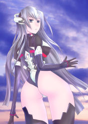 Rule 34 | 1girl, armor, ass, blue eyes, blush, bodysuit, breasts, elbow gloves, from behind, gloves, headgear, horizon ariadust, kyoukaisenjou no horizon, large breasts, leotard, long hair, looking back, parted lips, shimaguni yamato, shiny clothes, sideboob, silver hair, solo, thighhighs, thong leotard, very long hair
