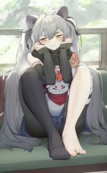 Rule 34 | 1girl, absurdres, animal ears, barefoot, black pantyhose, black scarf, blue archive, blue skirt, blush, bridal gauntlets, closed mouth, feet, grey hair, hair between eyes, highres, knees apart feet together, knees up, legs, long hair, michiru (blue archive), neckerchief, no shoes, pantyhose, pero (peroneko0510), pleated skirt, red neckerchief, scarf, sitting, skirt, solo, toenails, toes, twintails, yellow eyes