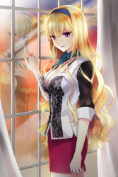 Rule 34 | 1girl, blonde hair, breasts, cleavage, curtains, grin, hair between eyes, hairband, hand on window, impossible clothes, jewelry, large breasts, linia pacifica, long hair, lowres, mca, mca (dessert candy), necklace, open mouth, pink eyes, reflection, scarf, skirt, sleeves rolled up, smile, solo, standing, sunset, sword girls, very long hair, wavy hair, window