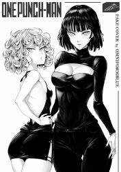 Rule 34 | 2girls, artist name, backless outfit, bare arms, bare back, bare shoulders, breasts, cleavage, cleavage cutout, clothing cutout, cover, denim, fake cover, fubuki (one-punch man), greyscale, highres, jeans, looking at viewer, medium breasts, meme attire, monochrome, multiple girls, omniformblue, one-punch man, pants, short hair, signature, small breasts, tatsumaki, virgin killer sweater