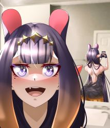 Rule 34 | 1girl, absurdres, ass, athies, backless dress, backless outfit, black dress, blue eyes, blunt bangs, blush, cellphone, dress, highres, hololive, hololive english, huge ass, ina&#039;s back (meme), jerma985, long hair, looking at viewer, meme, mirror, mole, mole under eye, multicolored hair, ninomae ina&#039;nis, open mouth, orange hair, phone, photo-referenced, pointy ears, purple hair, reflection, selfie, short dress, smartphone, smile, solo, strapless, strapless dress, tentacle hair, tentacles, tube dress, virtual youtuber, wide hips