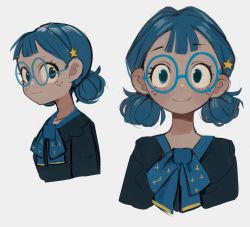 Rule 34 | 1girl, blue-framed eyewear, blue bow, blue bowtie, blue eyes, blue hair, blush, bow, bowtie, closed mouth, double bun, freckles, glasses, hair bun, hair ornament, highres, looking at viewer, multiple views, original, round eyewear, simple background, smile, solo, star (symbol), star hair ornament, sui (suizilla), upper body, white background