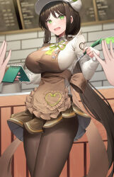 Rule 34 | 1girl, @ @, absurdres, apron, black survival, breasts, brown hair, brown pantyhose, brown skirt, collared shirt, eternal return: black survival, green apron, green eyes, green ribbon, gweon sua, highres, holding, holding pen, indoors, large breasts, long hair, long sleeves, low ponytail, mea (hwaksal), neck ribbon, nib pen (object), open mouth, pantyhose, pen, pleated skirt, ponytail, ribbon, shirt, skirt, solo focus, standing, teeth, upper teeth only, very long hair, white headwear, white shirt