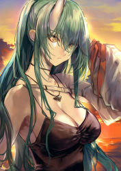 Rule 34 | 1girl, absurdres, arknights, arm up, armpits, backlighting, bare shoulders, black choker, breasts, brown eyes, camisole, choker, cleavage, closed mouth, evening, expressionless, green hair, hair between eyes, hand in own hair, highres, horns, hoshiguma (arknights), ito uuu, jewelry, large breasts, long hair, long sleeves, necklace, official alternate costume, outdoors, skin-covered horns, solo, sunlight, sunset, upper body, very long hair
