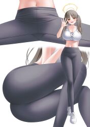 Rule 34 | 1girl, absurdres, ass, black pants, blue archive, blush, breasts, brown hair, cleavage, glasses, halo, highres, large breasts, long hair, looking at viewer, moe (blue archive), navel, open mouth, pants, shira jun, shoes, simple background, smile, sneakers, solo, tank top, twintails, unworn eyewear, white background, white footwear, white tank top, yellow eyes, yellow halo