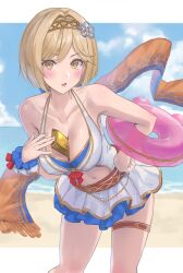 Rule 34 | 1girl, absurdres, bad source, breasts, cleavage, commission, commissioner upload, djeeta (granblue fantasy), djeeta (summer) (granblue fantasy), enporion, granblue fantasy, hand on own hip, highres, innertube, large breasts, looking at viewer, medium breasts, official alternate costume, open mouth, outside border, skeb commission, solo, swim ring, swimsuit, thigh strap, yellow eyes