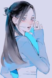 Rule 34 | 1girl, black hair, blue eyes, blue shirt, cropped shirt, from side, grey background, hair behind ear, headset, highres, jewelry, k-pop, long bangs, long hair, long sleeves, looking to the side, mina (twice), multiple rings, nail polish, open mouth, parted bangs, qiao nan 1028 hao, real life, ring, shirt, sleeves past wrists, solo, twice (group), upper body, white nails