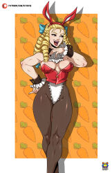 Rule 34 | 1girl, absurdres, adapted costume, animal ears, antenna hair, ascot, black pantyhose, blonde hair, blue bow, bow, breasts, brown eyes, crossed legs, detached collar, fake animal ears, hair bow, hairband, hand on own hip, highleg, highleg panties, highres, kanzuki karin, kyoffie, large breasts, lipstick, long hair, makeup, muscular, muscular female, nontraditional playboy bunny, ojou-sama pose, open mouth, panties, panties over pantyhose, pantyhose, red hairband, red lips, ringlets, solo, standing, street fighter, street fighter v, teeth, thick thighs, thighs, underbust, underwear, white panties, wrist cuffs