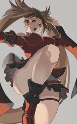 Rule 34 | 1girl, ankle boots, bare shoulders, boots, breasts, brown hair, china dress, chinese clothes, covered erect nipples, detached sleeves, dress, exocet, fighting stance, guilty gear, guilty gear xrd, hair rings, high kick, highres, impossible clothes, impossible dress, kicking, kuradoberi jam, large breasts, long hair, long sleeves, looking at viewer, looking to the side, open mouth, orange eyes, red dress, very long hair, wide sleeves
