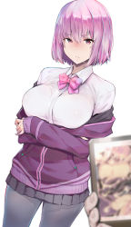 Rule 34 | 10s, 1girl, black pantyhose, black skirt, blurry, breasts, cellphone, collared shirt, depth of field, dress shirt, dutch angle, gridman universe, hair between eyes, highres, holding, holding phone, jacket, kurowa, large breasts, looking at viewer, off shoulder, pantyhose, parted lips, phone, pink neckwear, pleated skirt, purple eyes, purple hair, school uniform, shinjou akane, shirt, skirt, sleeves past wrists, smartphone, solo focus, ssss.gridman, tears, white background, white shirt, wing collar
