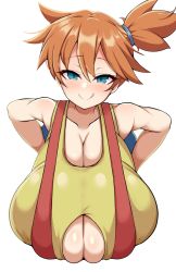 Rule 34 | 1girl, alternate breast size, aqua eyes, bare shoulders, blush, breasts, cleavage, creatures (company), detritus, game freak, gigantic breasts, highres, huge breasts, looking at viewer, misty (pokemon), nintendo, orange hair, pokemon, pokemon (anime), pokemon (classic anime), shirt, side ponytail, simple background, smile, solo, suspenders, tongue, tongue out, upper body, yellow shirt