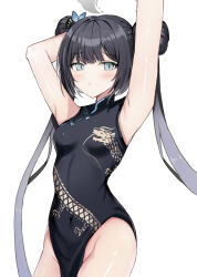 Rule 34 | 1girl, arm up, armpits, ass, black dress, black hair, blue archive, blunt bangs, butterfly hair ornament, china dress, chinese clothes, commentary request, double bun, dress, grey eyes, groin, hair between eyes, hair bun, hair ornament, halo, highres, kisaki (blue archive), long hair, looking at viewer, namakisama, no panties, pelvic curtain, presenting armpit, side slit, sidelocks, simple background, sleeveless, sleeveless turtleneck dress, solo, turtleneck, twintails, white background