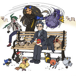 Rule 34 | 1boy, 2girls, ^ ^, beak, bird, bird tail, black bag, black hair, black pants, black suit, blue pants, boots, brown footwear, closed eyes, closed mouth, commentary request, creatures (company), eyelashes, feathers, feeding, fletchling, formal, game freak, geeta (pokemon), gen 1 pokemon, gen 2 pokemon, gen 3 pokemon, gen 4 pokemon, gen 5 pokemon, gen 6 pokemon, gen 7 pokemon, gen 8 pokemon, glasses, green hair, grey shirt, hammer, holding, holding hammer, hoothoot, korokoro daigorou, larry (pokemon), long hair, multiple girls, necktie, nintendo, on bench, outdoors, owl, pants, pidgey, pidove, pikipek, pokemon, pokemon (creature), pokemon sv, rika (pokemon), rookidee, shirt, simple background, sitting, smile, speed lines, starly, suit, surprised, tail, taillow, wattrel, white background, wings, yellow necktie