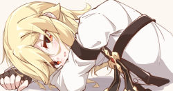 Rule 34 | 1girl, arms up, black gloves, blonde hair, blush, brown background, eyes visible through hair, fingerless gloves, girls&#039; frontline, gloves, long sleeves, looking at viewer, lying, matsuo (matuonoie), nagant revolver (girls&#039; frontline), on side, parted lips, red eyes, shirt, solo, upper body, white shirt